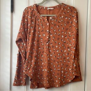 Lucky Brand orange floral thermal henley top tee XL